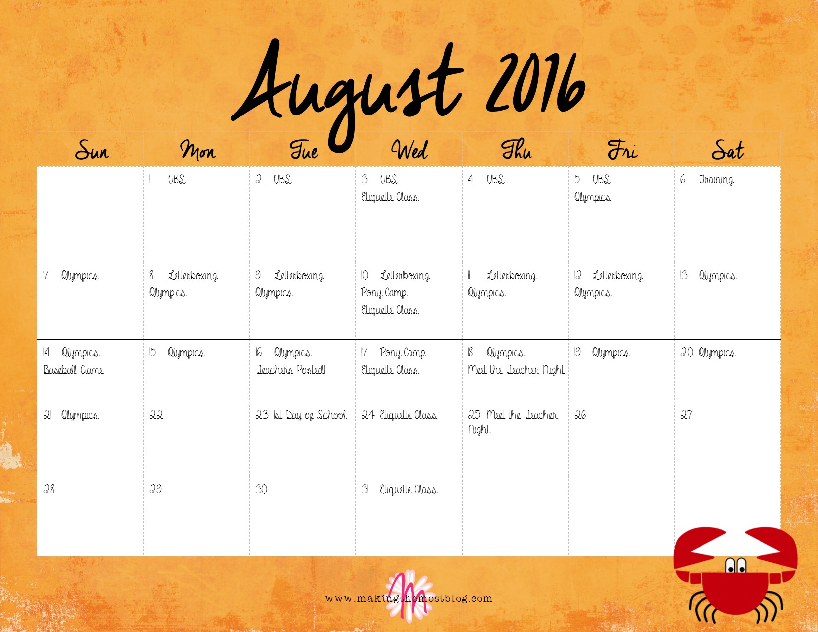 August 2016 (FREE Printable!) Super Summer Calendar | Making the Most Blog