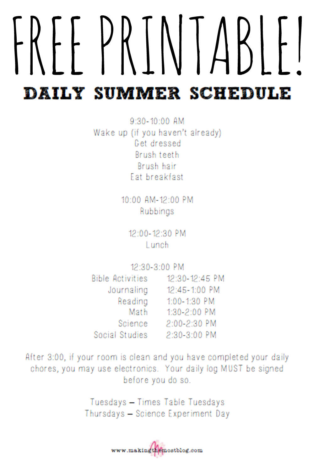 FREE! Printable Summer Schedule | Making the Most Blog