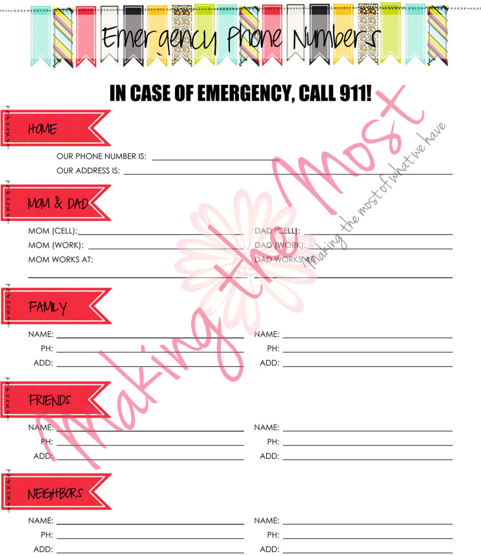 Home Management Binder: Emergency Number Contact Sheet | Making The Most Blog